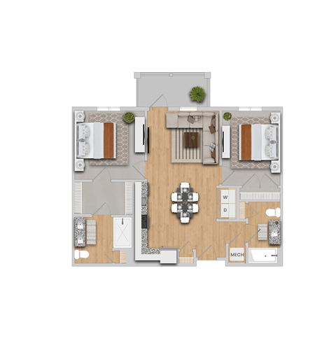Floor plan for 2 beds, 2 baths, 965 sqft